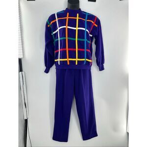 Vintage Multicolor Windowpane Long Sleeve Sweat Suit Set Medium